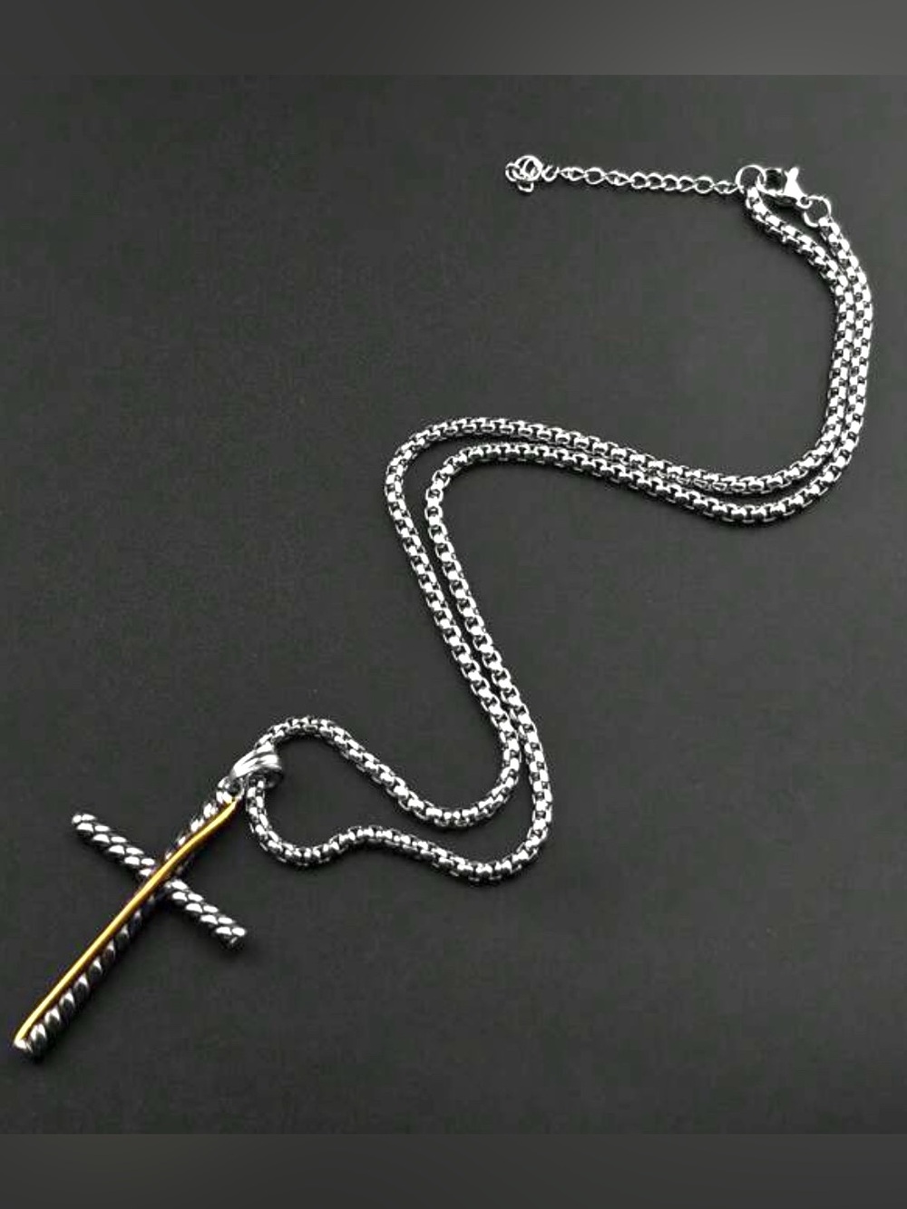 Two-Tone Cross Pendant Necklace - Silver Chain with Gold Accent